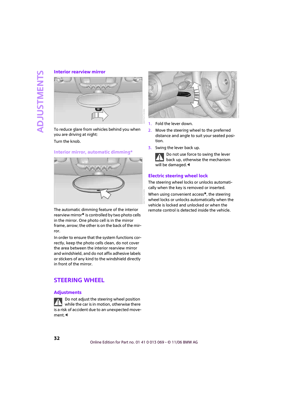 Steering wheel, Adjustments | Mini 2007 Cooper User Manual | Page 34 / 148