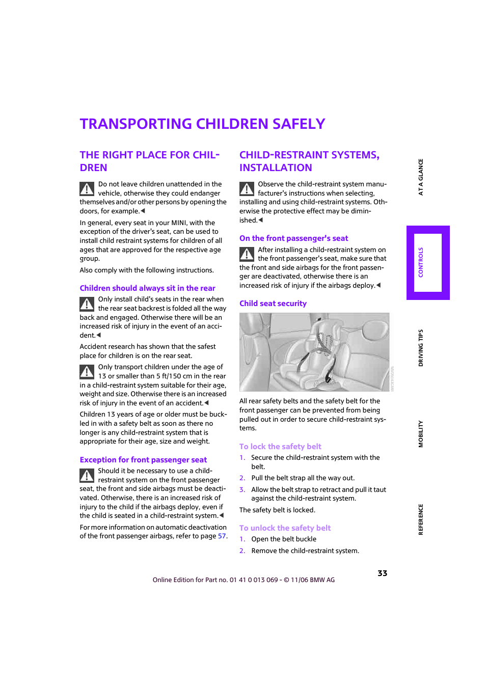 Transporting children safely, The right place for children, Child-restraint systems, installation | The right place for chil- dren | Mini 2007 Cooper User Manual | Page 35 / 148