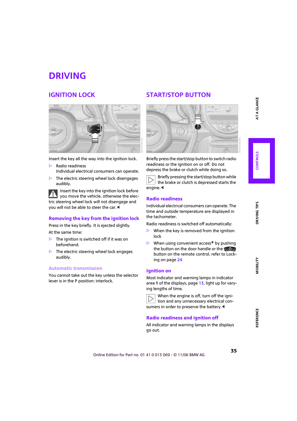 Driving, Ignition lock, Start/stop button | Mini 2007 Cooper User Manual | Page 37 / 148