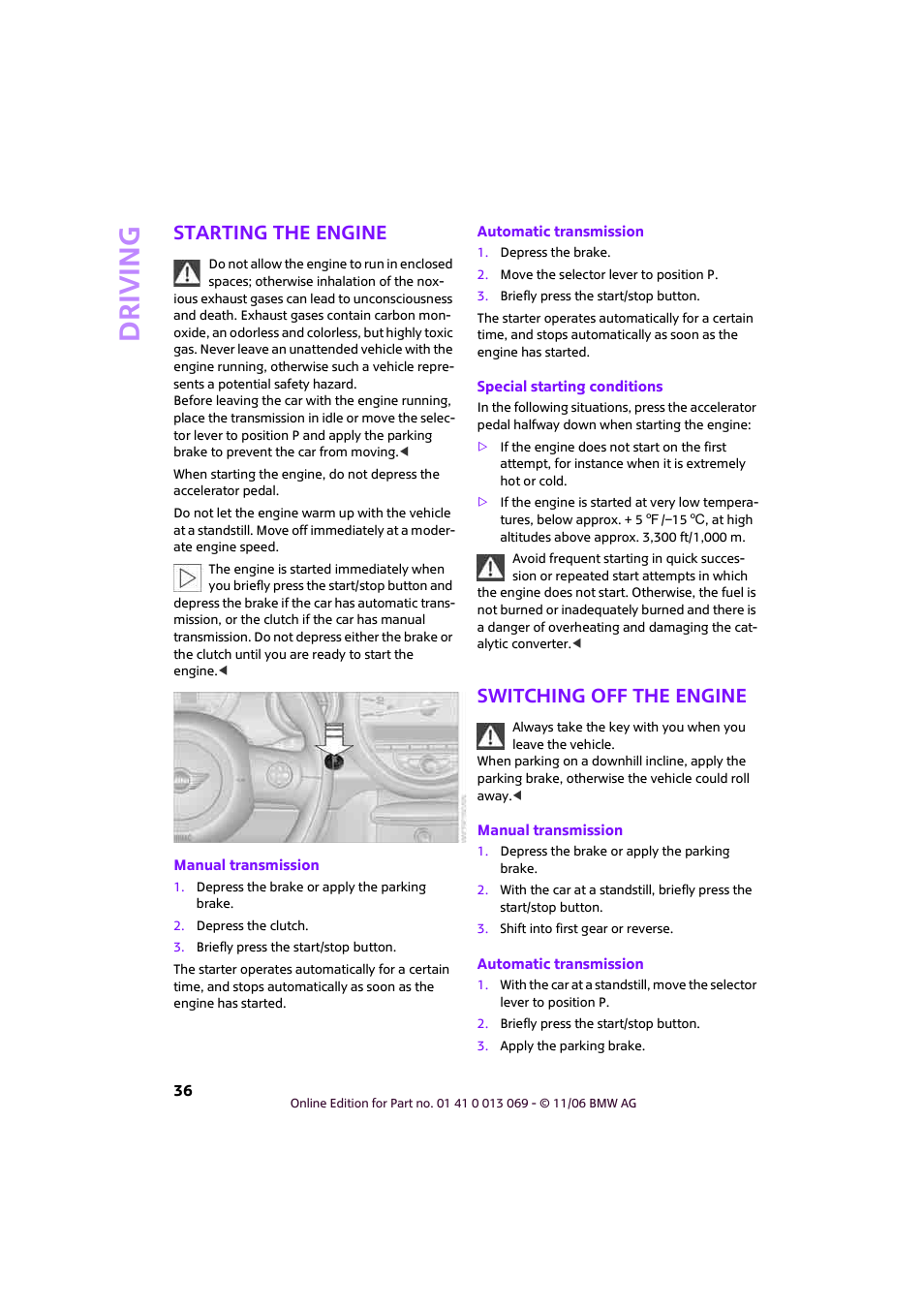Starting the engine, Switching off the engine, Driving | Mini 2007 Cooper User Manual | Page 38 / 148