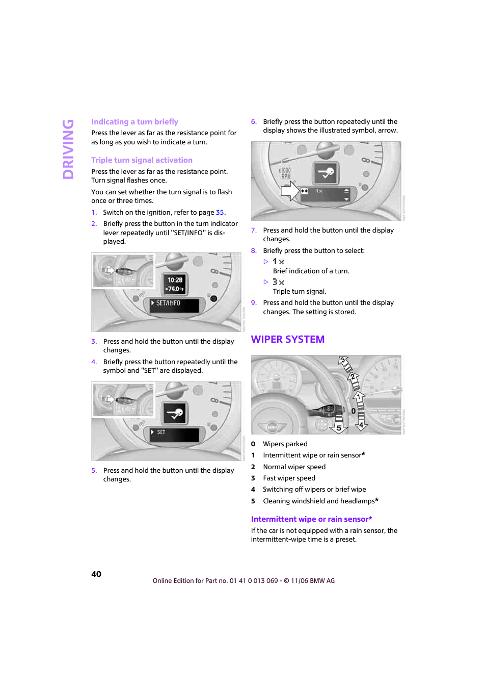 Wiper system, Driving | Mini 2007 Cooper User Manual | Page 42 / 148
