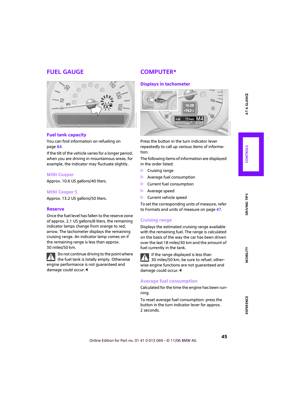Fuel gauge, Computer | Mini 2007 Cooper User Manual | Page 47 / 148