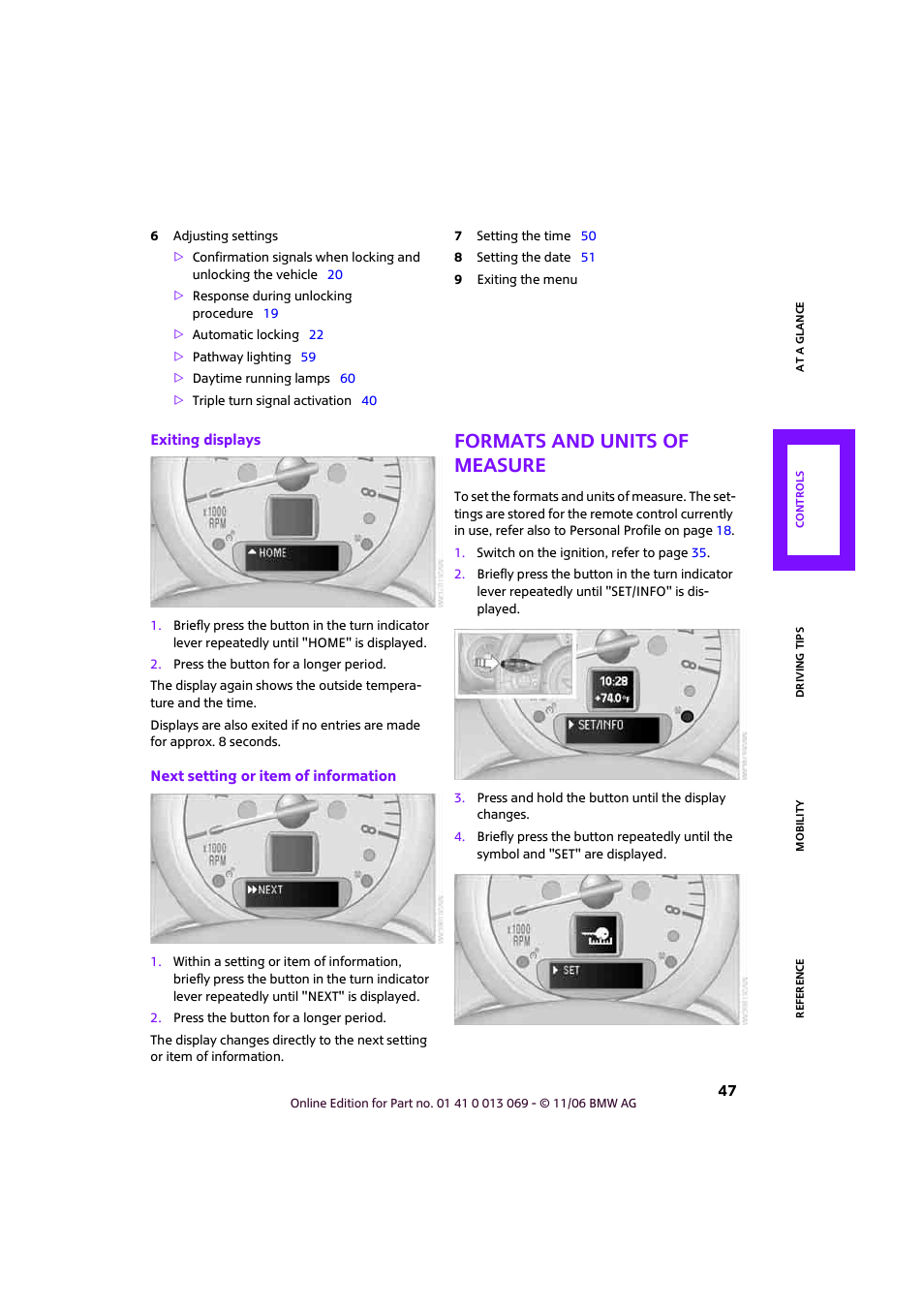 Formats and units of measure, R to formats and units of measure, Rmat, refer to formats and units of measure | Fer to formats and units of measure, Formats and units of measure on | Mini 2007 Cooper User Manual | Page 49 / 148