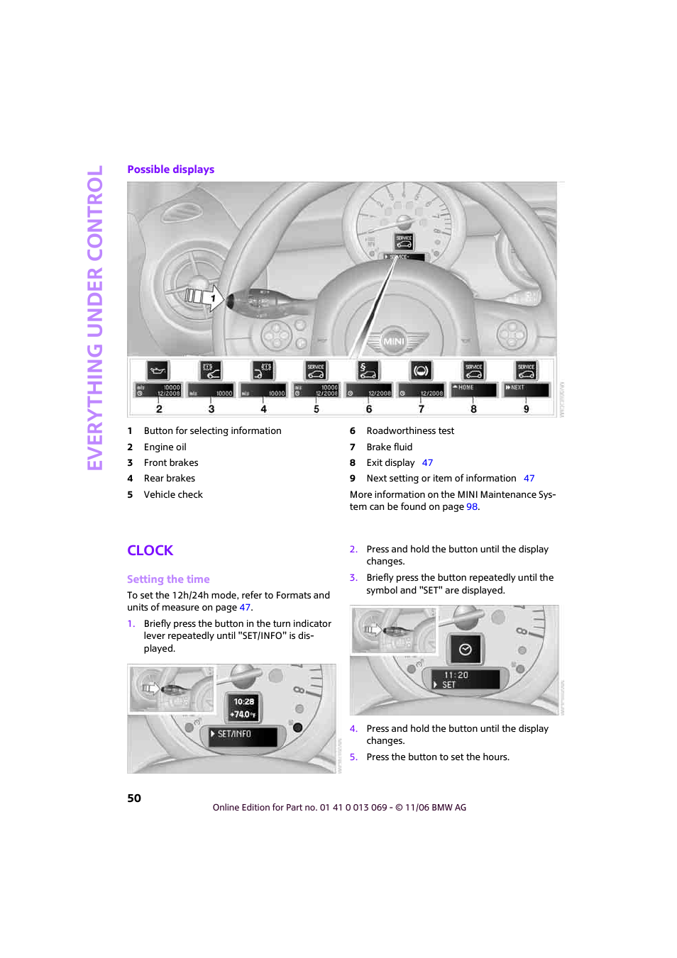 Clock, Setting the time, Ever yth ing under control | Mini 2007 Cooper User Manual | Page 52 / 148