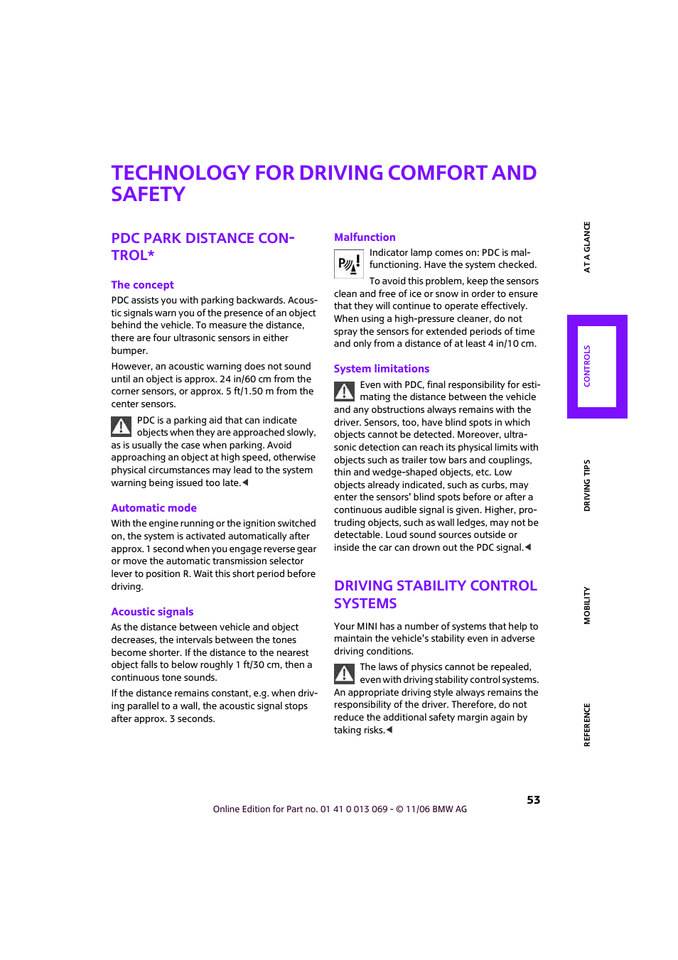 Technology for driving comfort and safety, Pdc park distance control, Driving stability control systems | Pdc park distance con- trol | Mini 2007 Cooper User Manual | Page 55 / 148