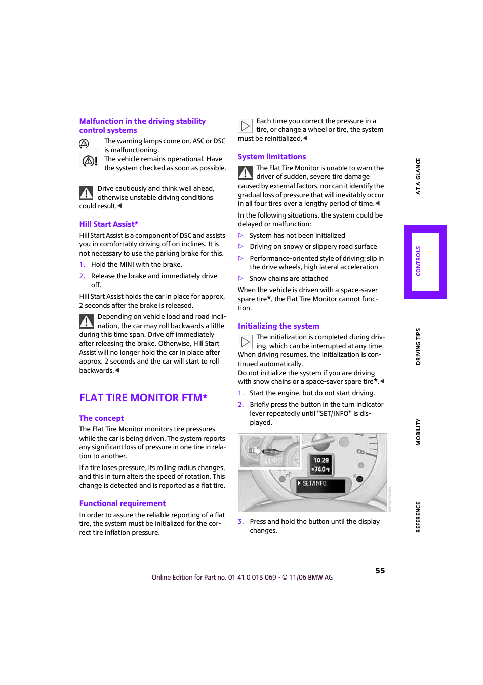 Flat tire monitor ftm | Mini 2007 Cooper User Manual | Page 57 / 148