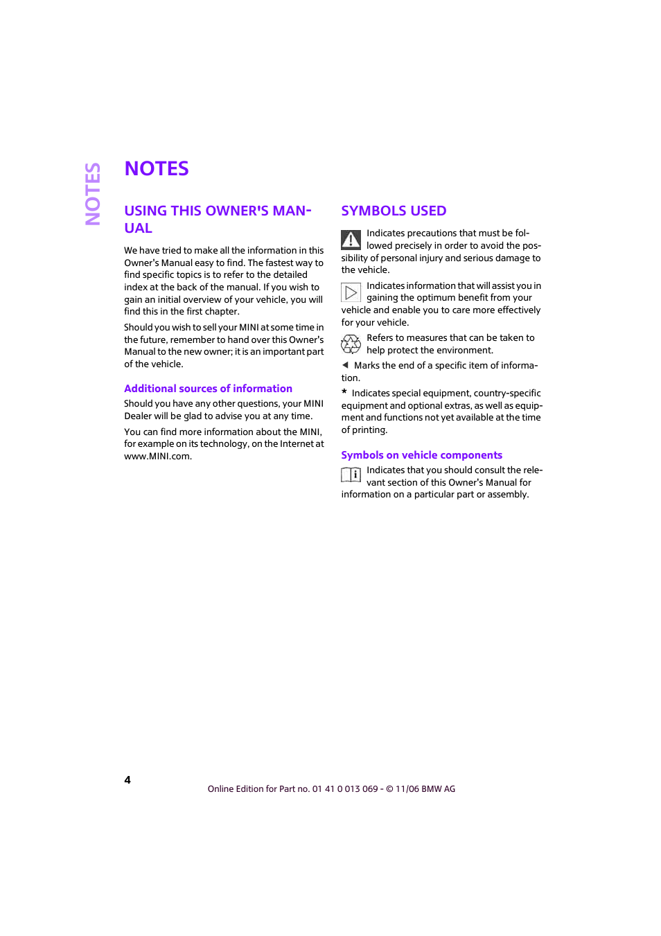 Notes, Using this owner's manual, Symbols used | No te s, Using this owner's man- ual | Mini 2007 Cooper User Manual | Page 6 / 148