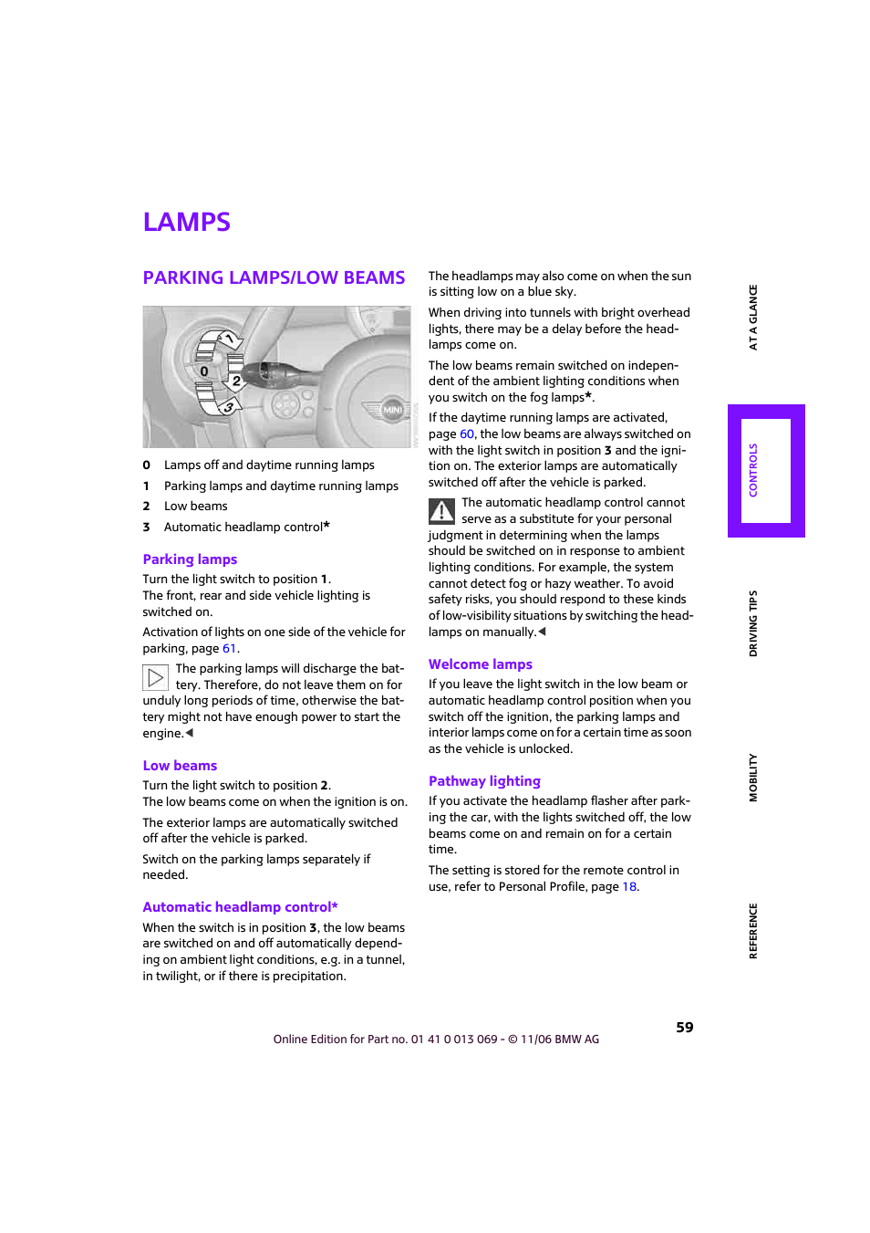 Lamps, Parking lamps/low beams | Mini 2007 Cooper User Manual | Page 61 / 148