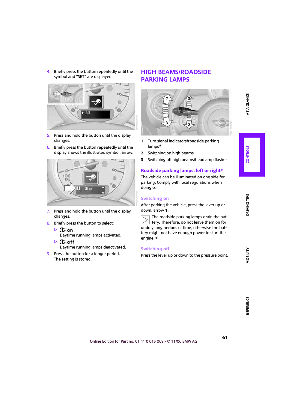 High beams/roadside parking lamps | Mini 2007 Cooper User Manual | Page 63 / 148