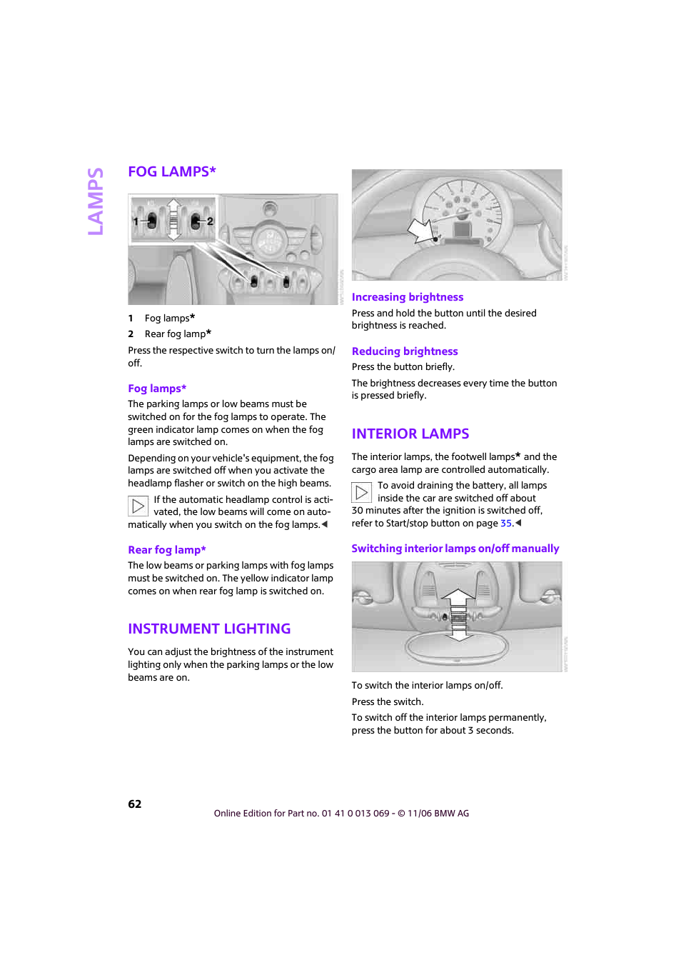 Fog lamps, Instrument lighting, Interior lamps | Lamp s | Mini 2007 Cooper User Manual | Page 64 / 148