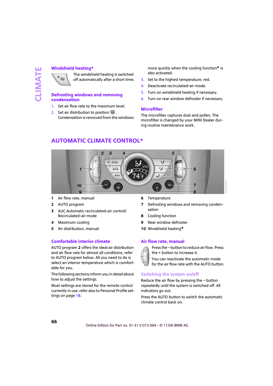 Automatic climate control, Climat e | Mini 2007 Cooper User Manual | Page 68 / 148