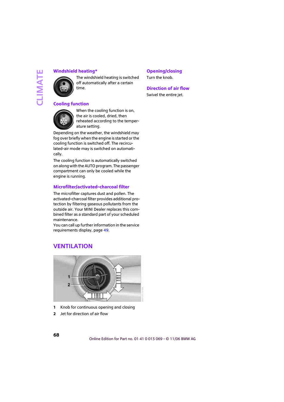 Ventilation, Climat e | Mini 2007 Cooper User Manual | Page 70 / 148