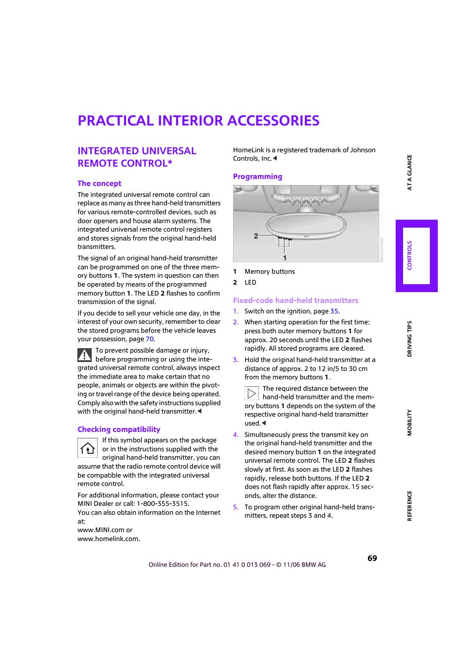 Practical interior accessories, Integrated universal remote control | Mini 2007 Cooper User Manual | Page 71 / 148