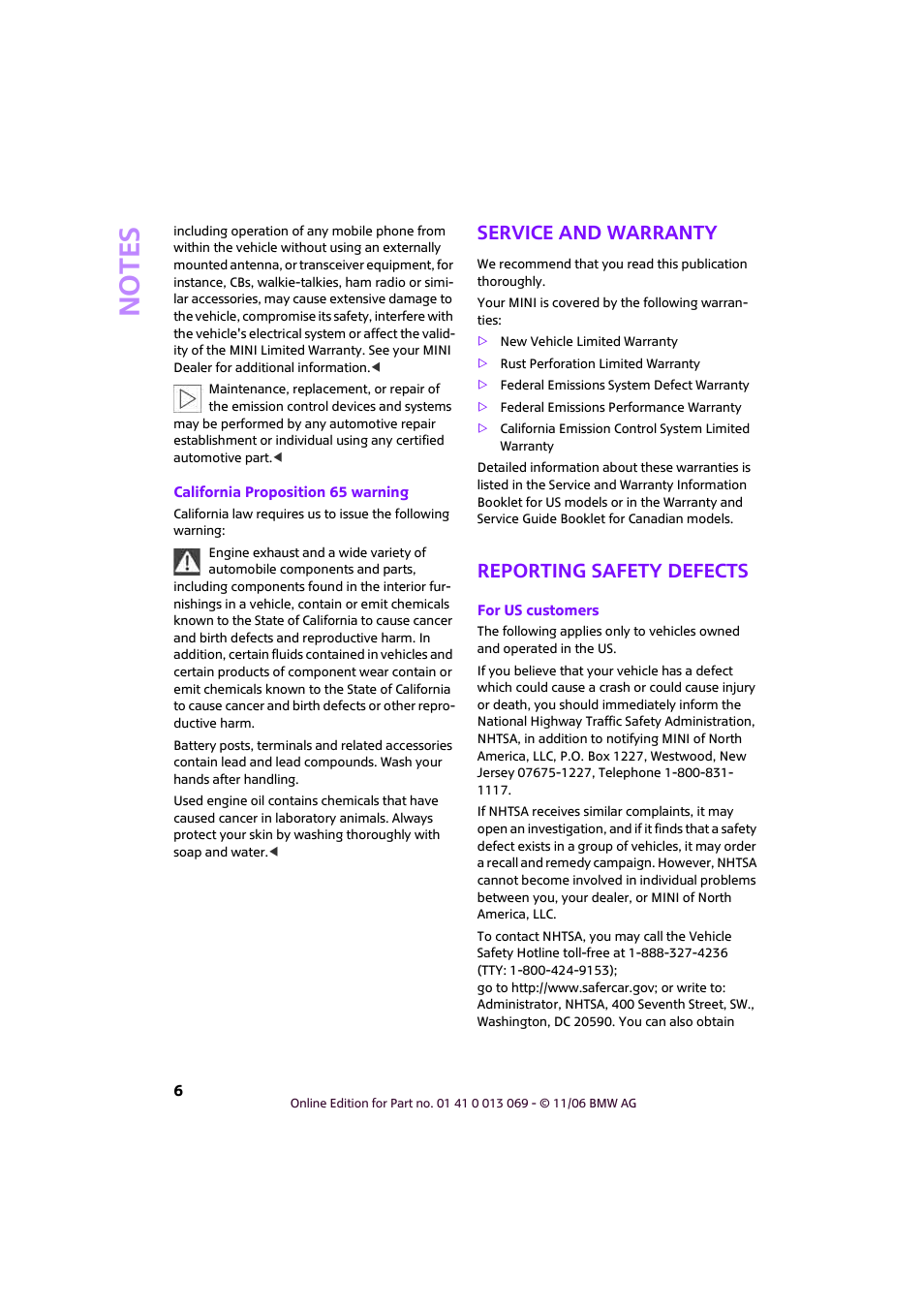 Service and warranty, Reporting safety defects, No te s | Mini 2007 Cooper User Manual | Page 8 / 148