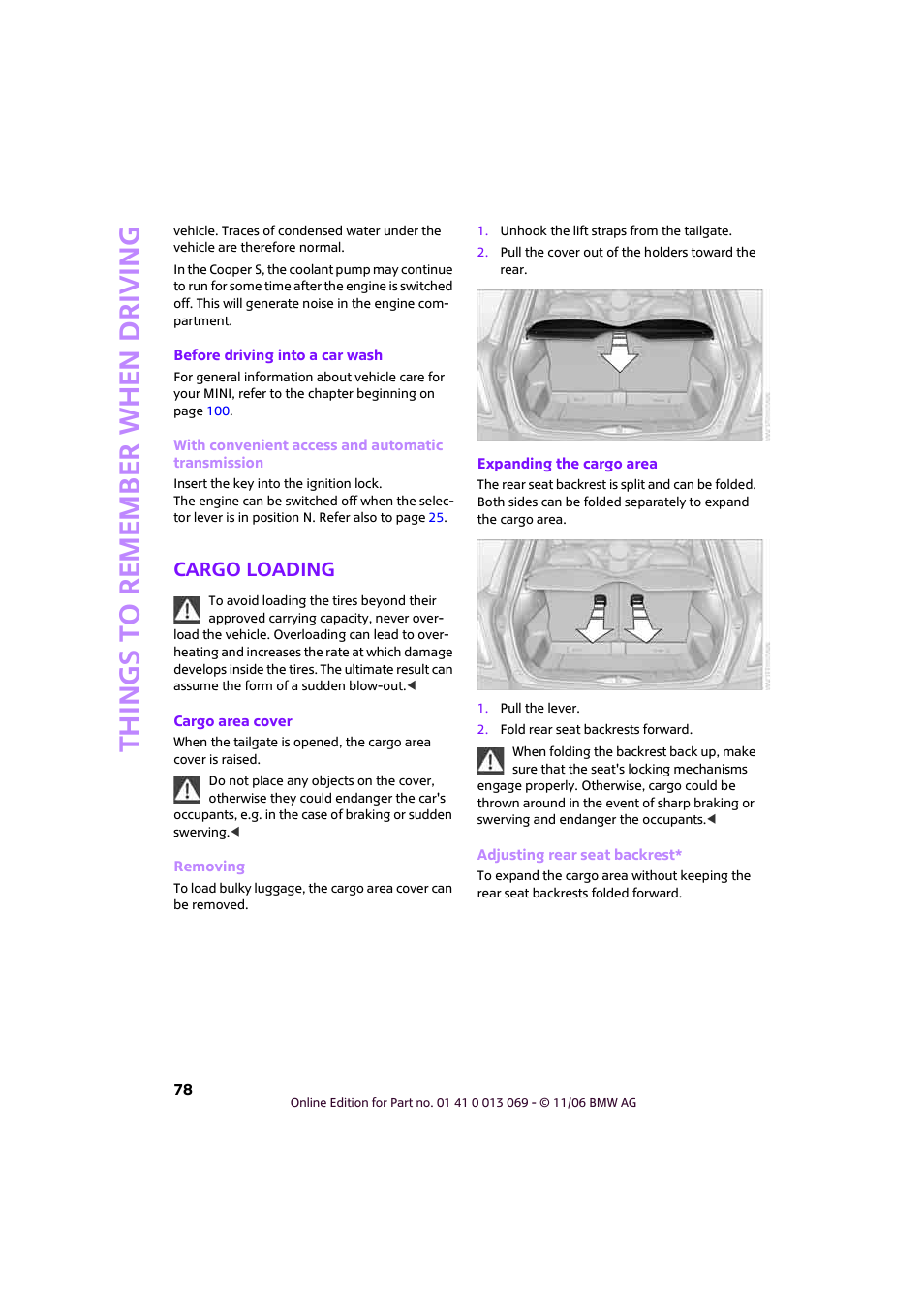 Cargo loading, Things to remember when driving | Mini 2007 Cooper User Manual | Page 80 / 148