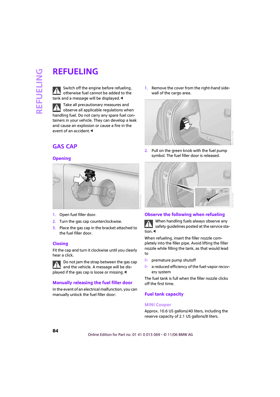 Refueling, Gas cap | Mini 2007 Cooper User Manual | Page 86 / 148