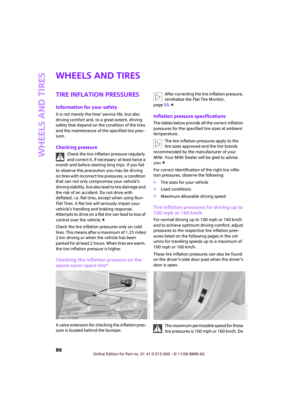Wheels and tires, Tire inflation pressures, Whee ls and tire s | Mini 2007 Cooper User Manual | Page 88 / 148