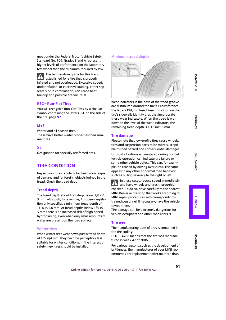 Tire condition, So to tread depth o | Mini 2007 Cooper User Manual | Page 93 / 148