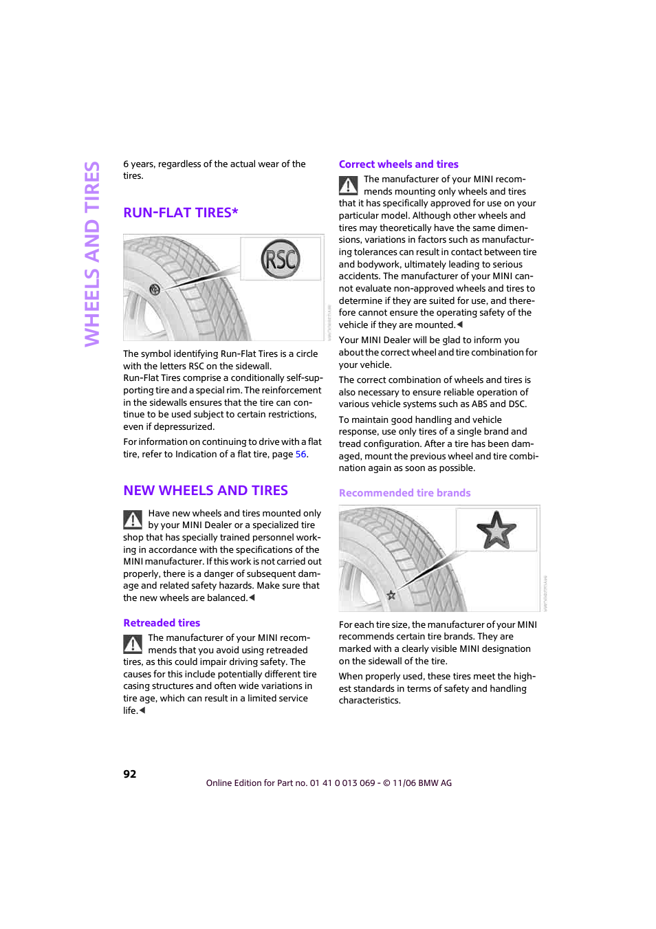 Run-flat tires, New wheels and tires, Whee ls and tire s | Mini 2007 Cooper User Manual | Page 94 / 148