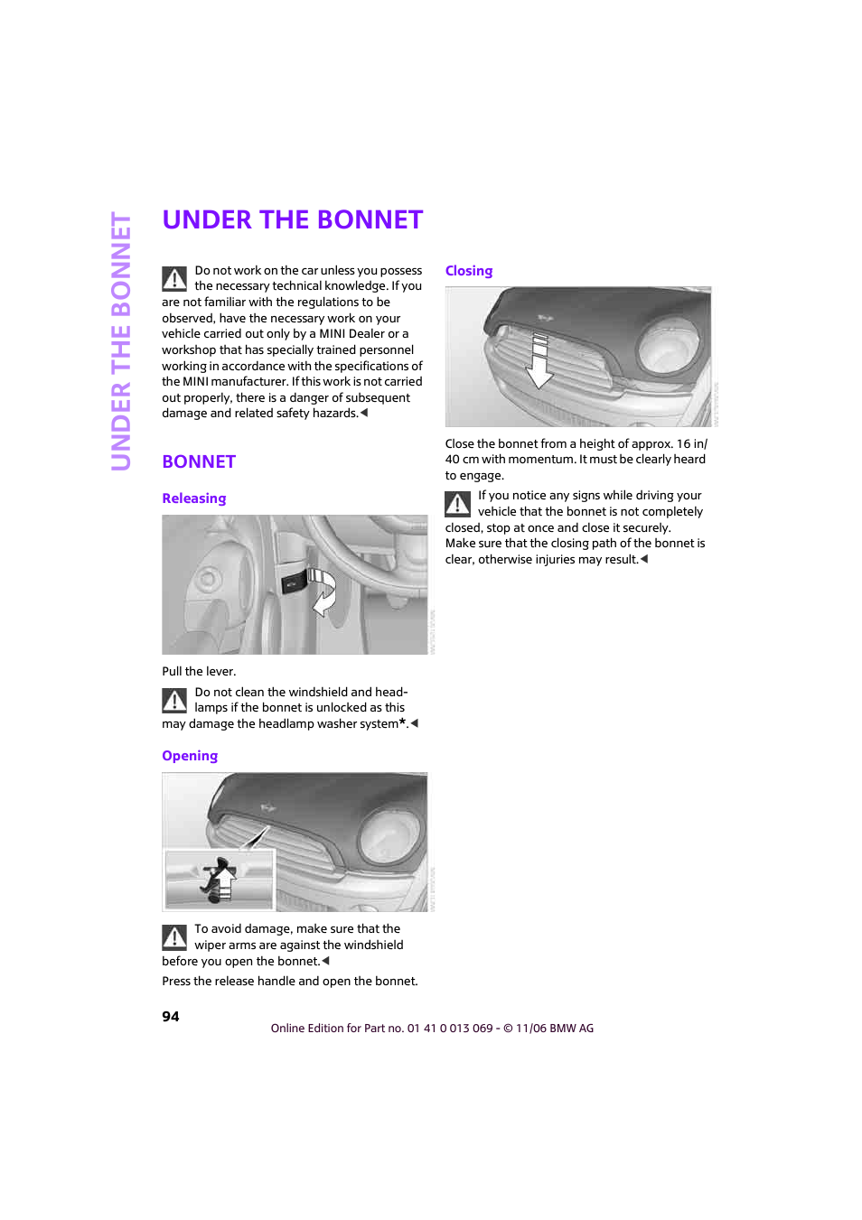 Under the bonnet, Bonnet, Under th e bo nnet | Mini 2007 Cooper User Manual | Page 96 / 148