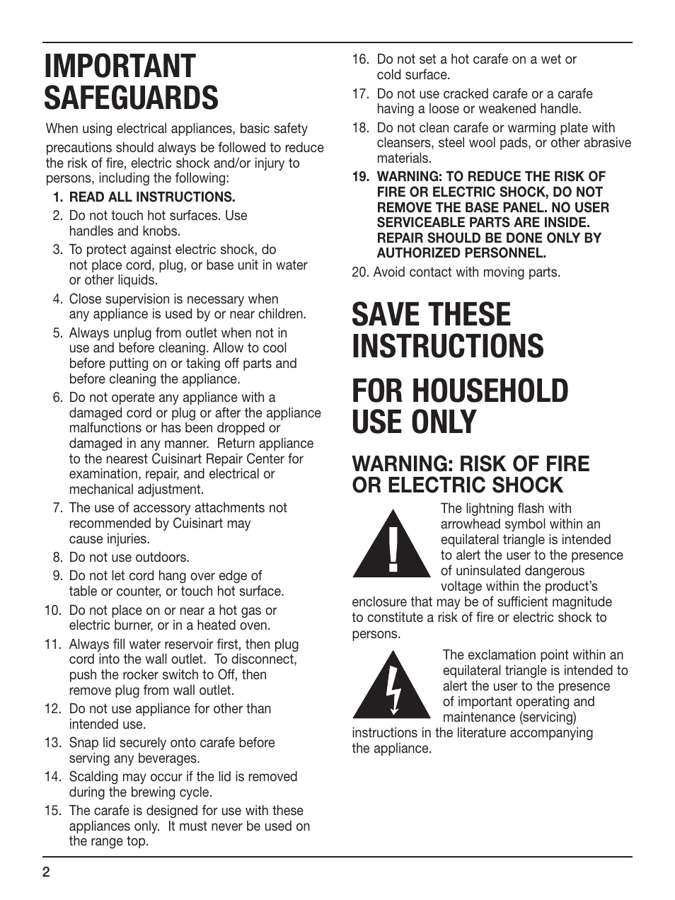 Important safeguards, Save these instructions for household use only, Warning: risk of fire or electric shock | Cuisinart DCC-450 Series User Manual | Page 2 / 9