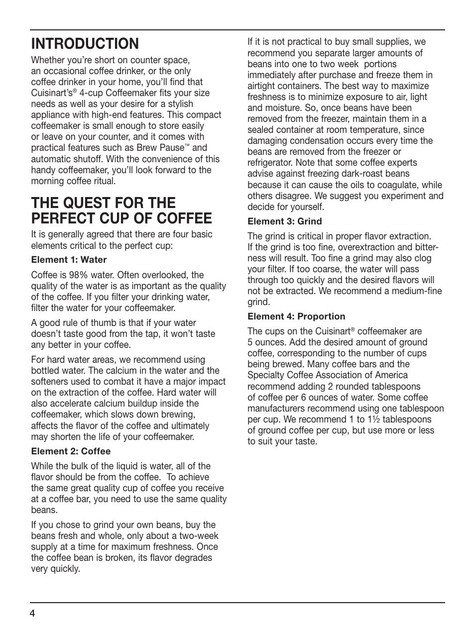 Introduction, The quest for the perfect cup of coffee | Cuisinart DCC-450 Series User Manual | Page 4 / 9