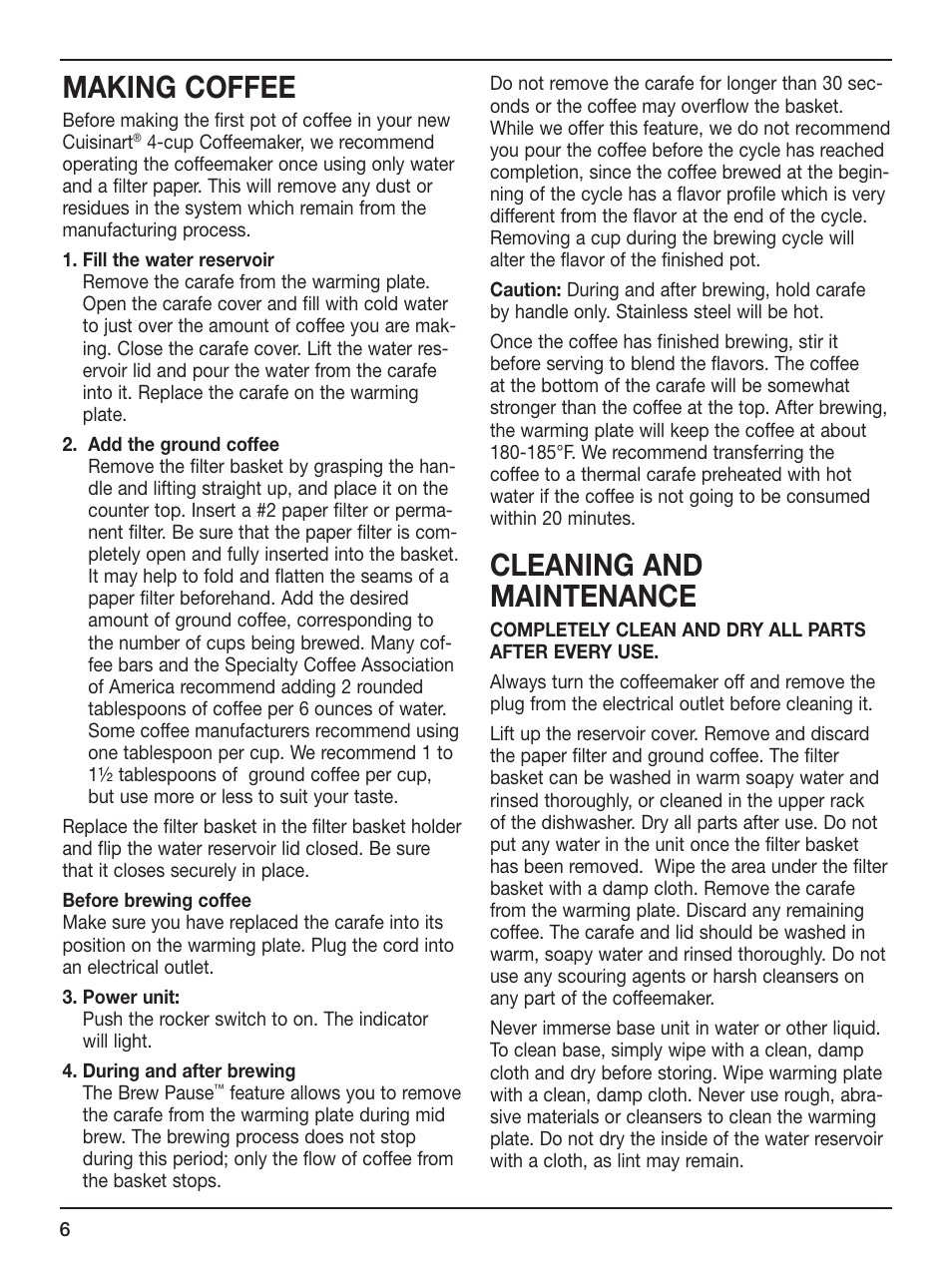 Making coffee, Cleaning and maintenance | Cuisinart DCC-450 Series User Manual | Page 6 / 9