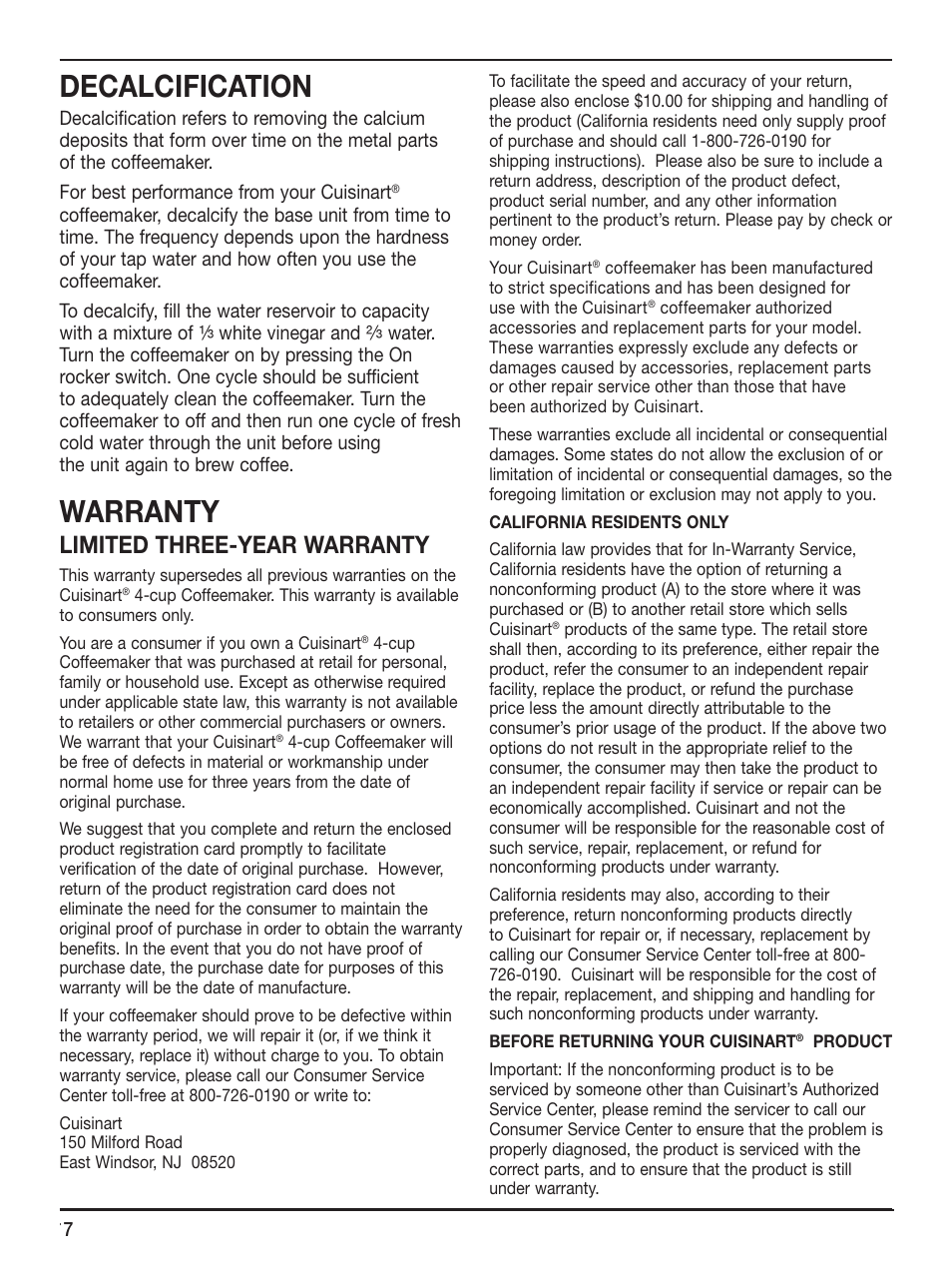 Decalcification, Warranty, Limited three-year warranty | Cuisinart DCC-450 Series User Manual | Page 7 / 9