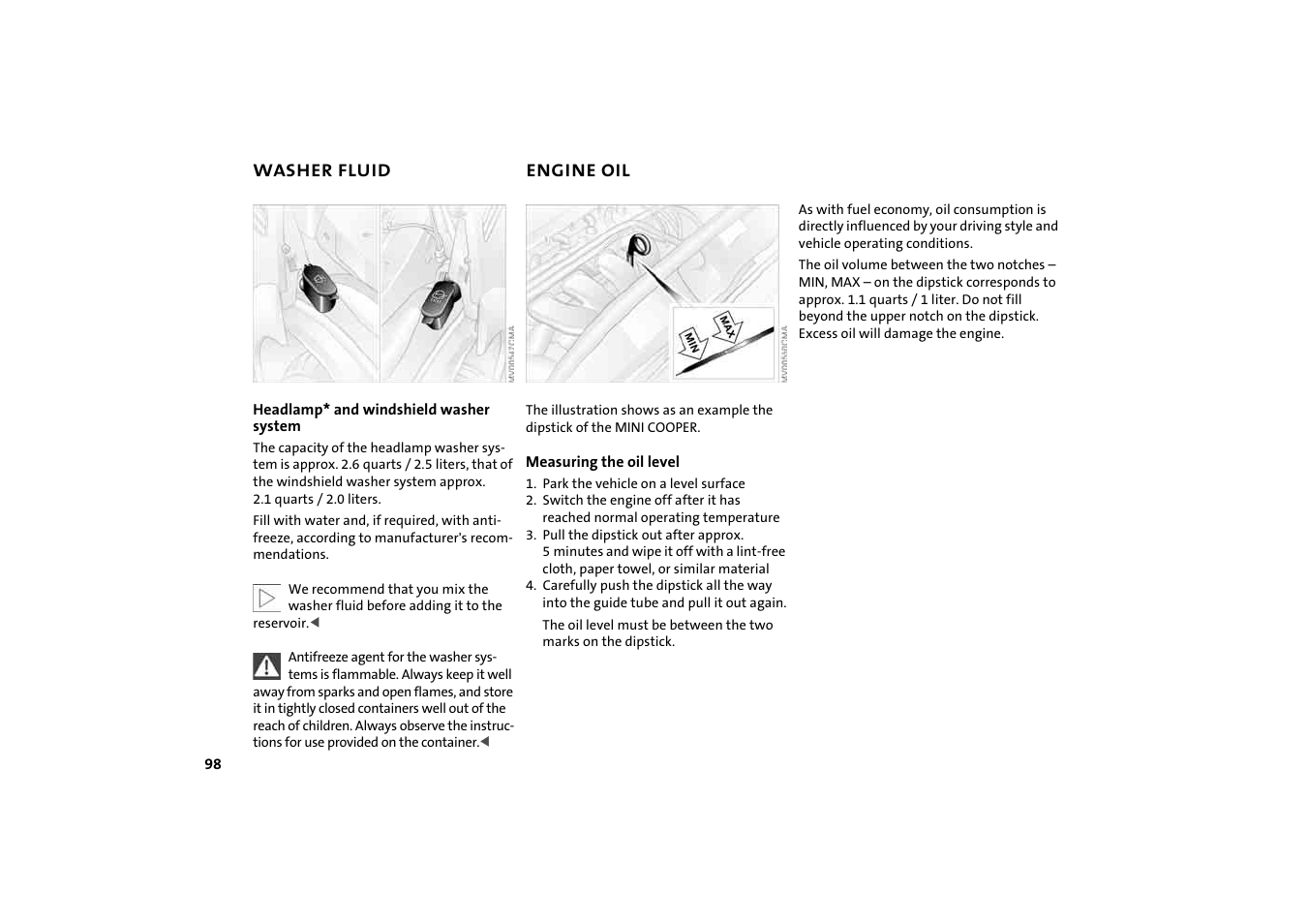 Washer fluid, Engine oil, System | Engine oil dipstick | Mini 2004 Cooper User Manual | Page 100 / 152
