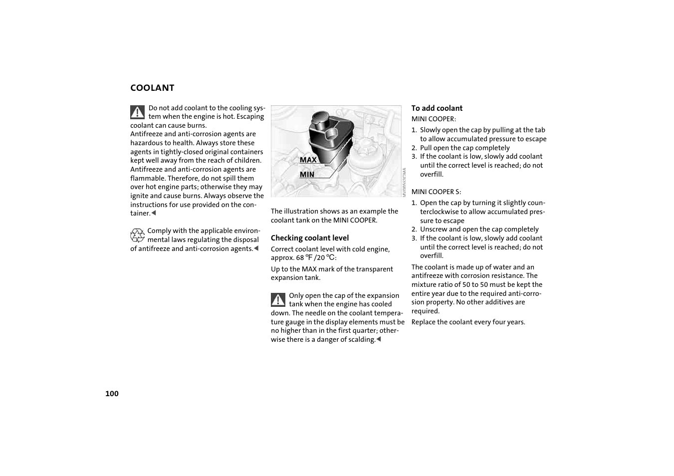 Coolant, Coolant expansion tank | Mini 2004 Cooper User Manual | Page 102 / 152