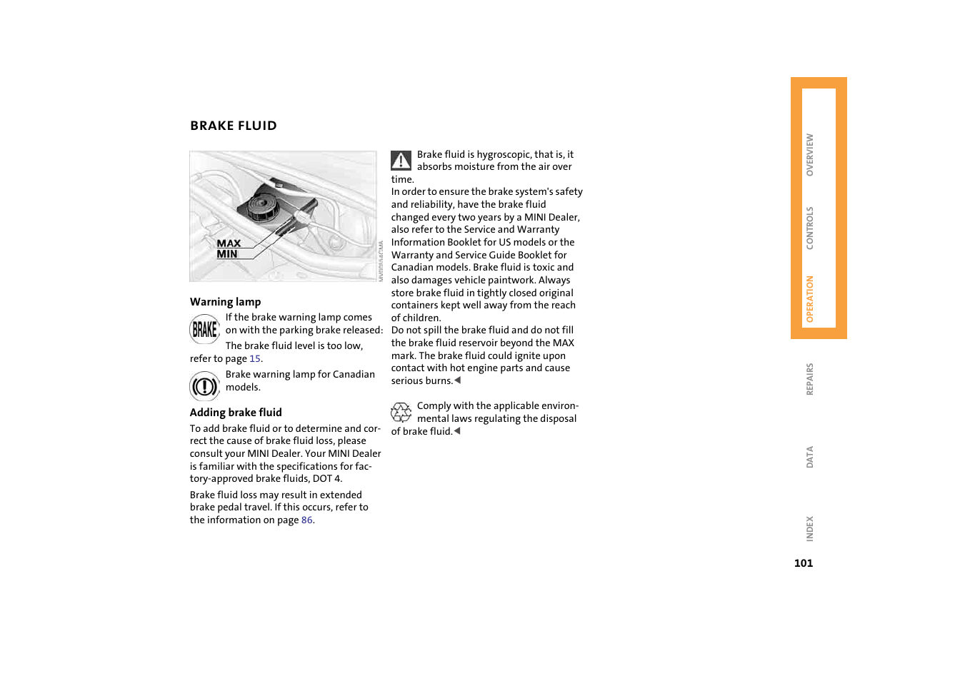 Brake fluid, Brake fluid reservoir | Mini 2004 Cooper User Manual | Page 103 / 152