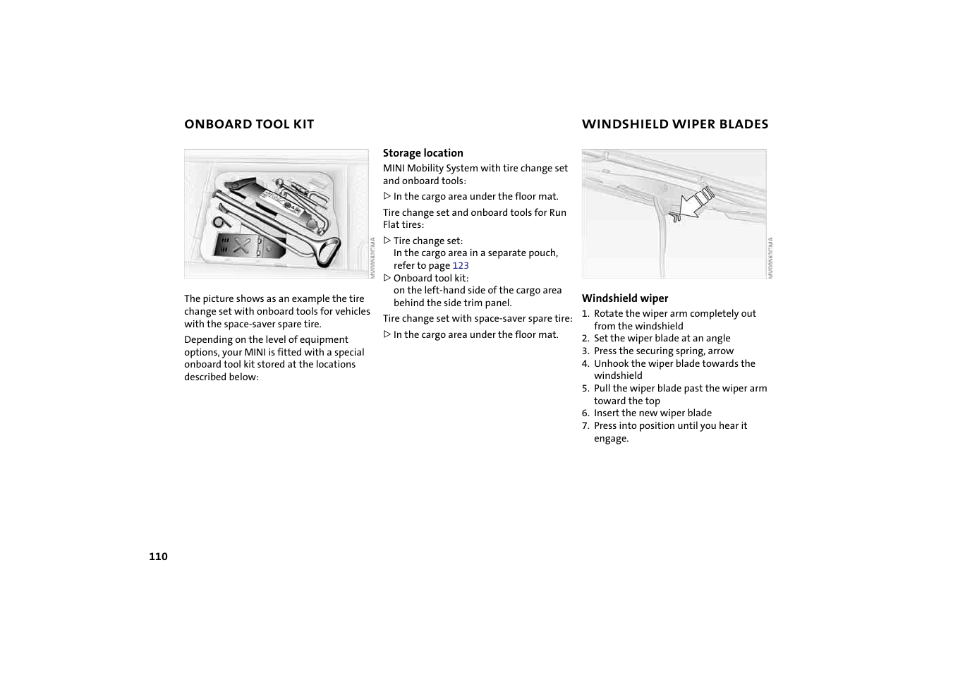 Onboard tool kit, Windshield wiper blades | Mini 2004 Cooper User Manual | Page 112 / 152