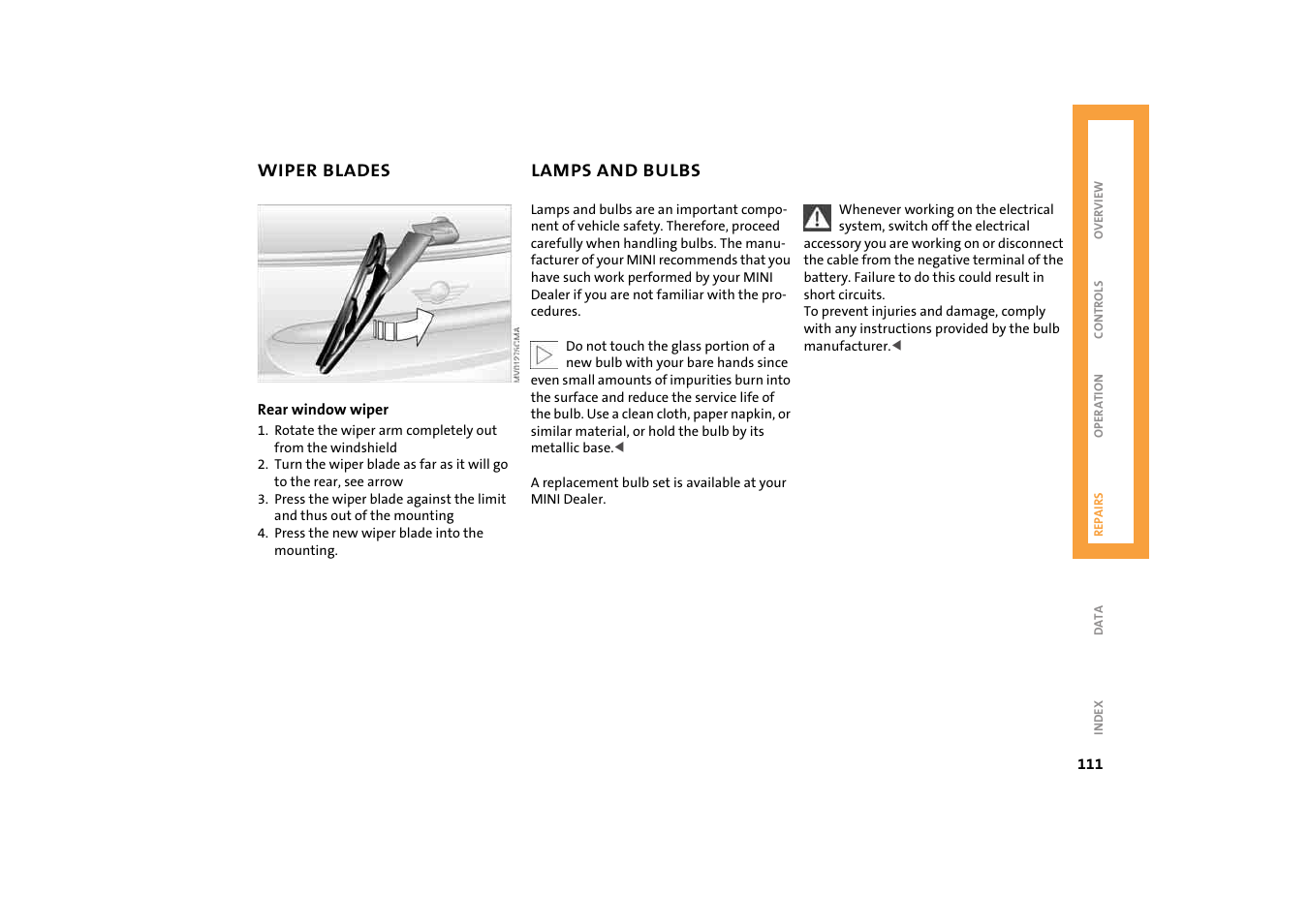 Wiper blades, Lamps and bulbs | Mini 2004 Cooper User Manual | Page 113 / 152