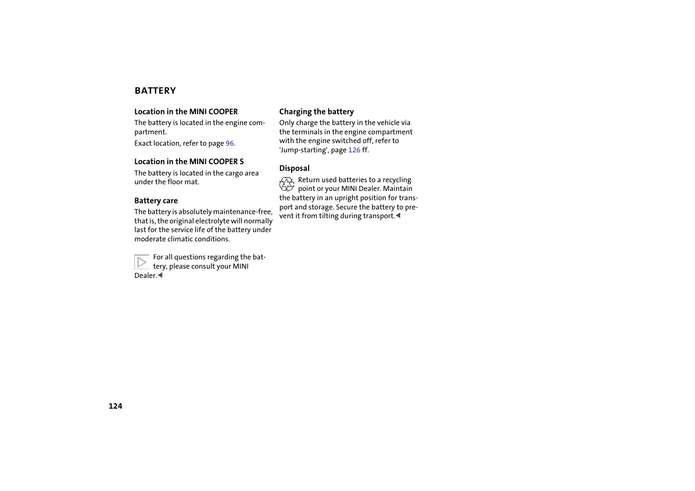 Battery | Mini 2004 Cooper User Manual | Page 126 / 152
