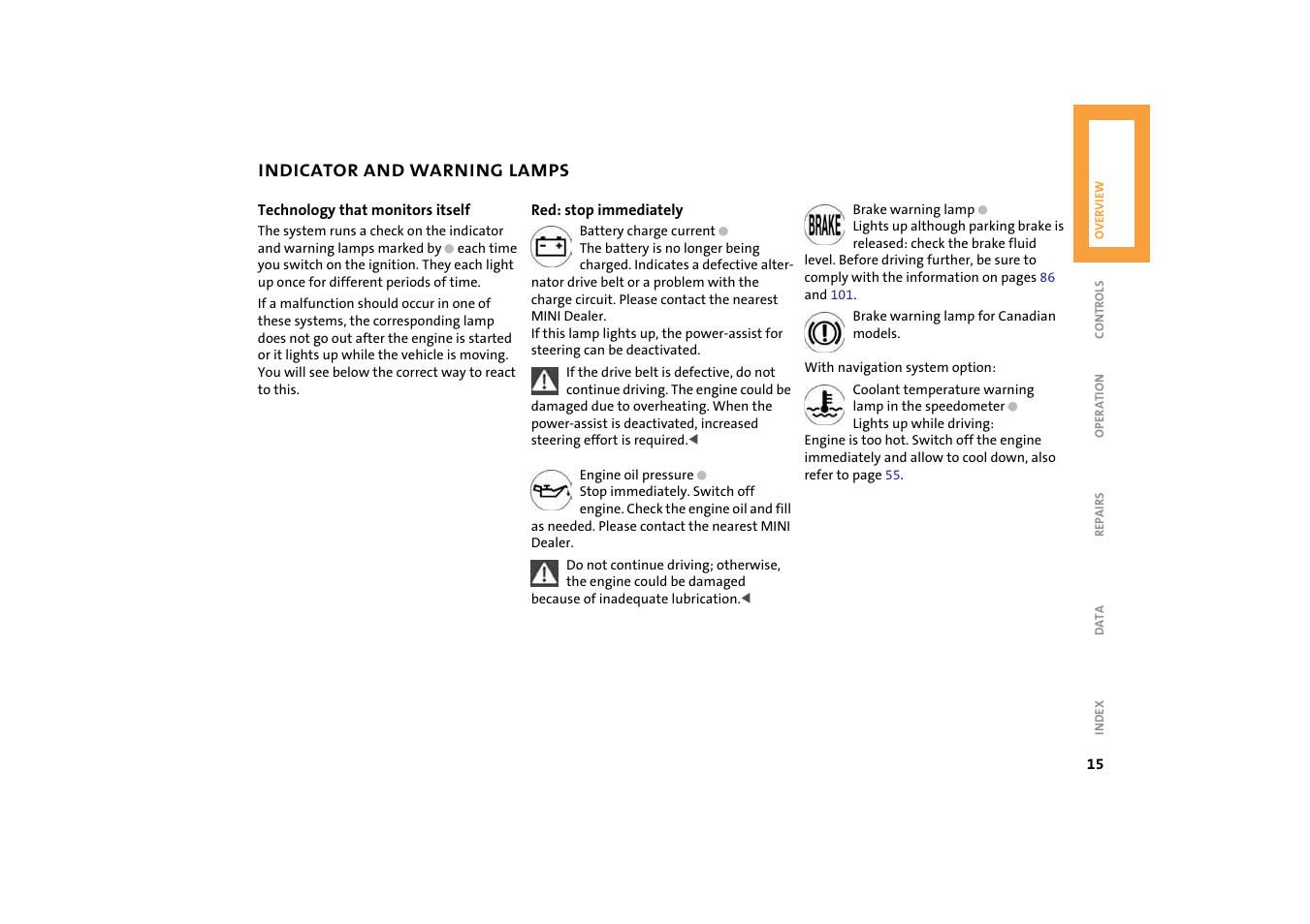 Indicator and warning lamps | Mini 2004 Cooper User Manual | Page 17 / 152