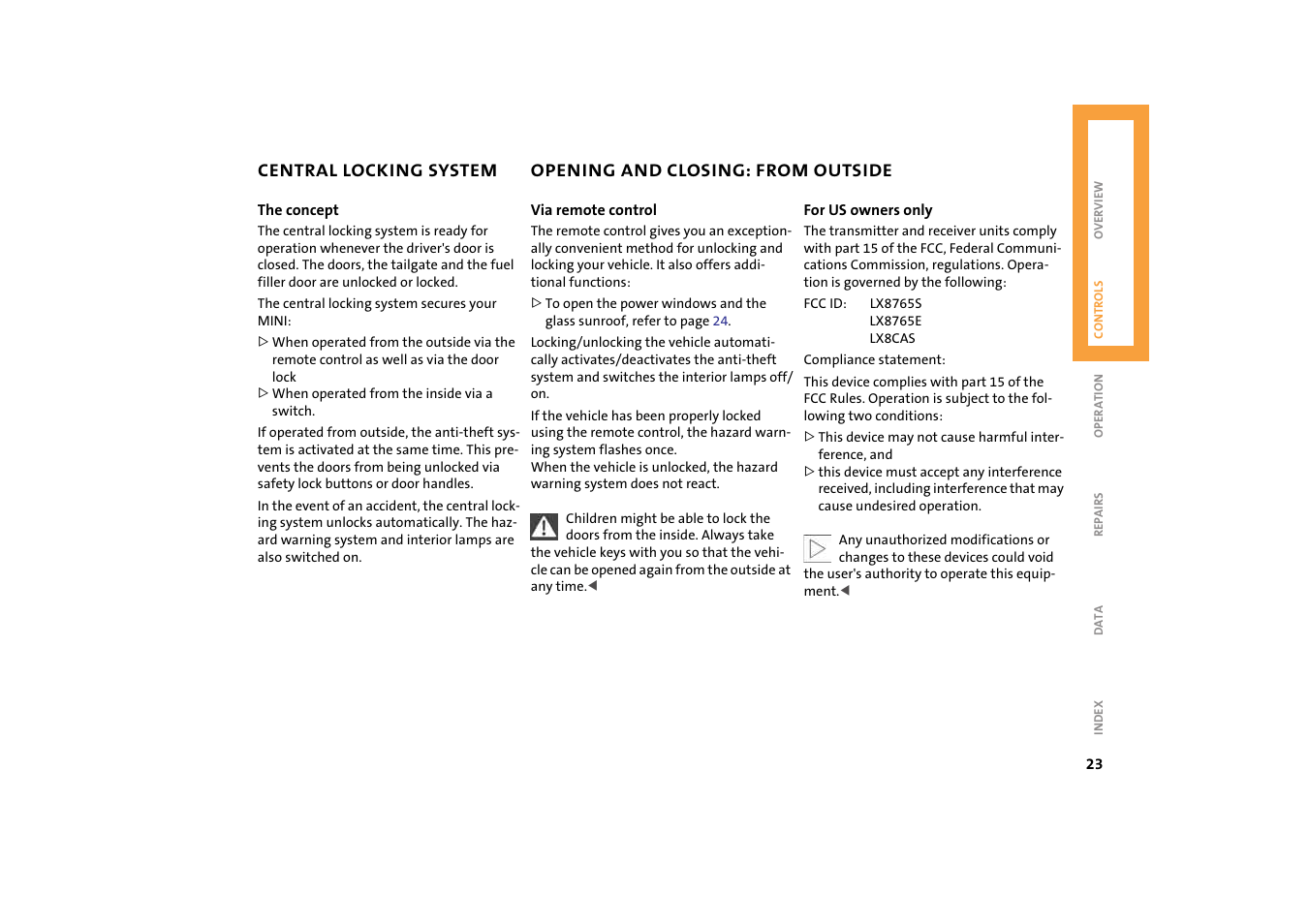 Central locking system, Opening and closing: from outside | Mini 2004 Cooper User Manual | Page 25 / 152