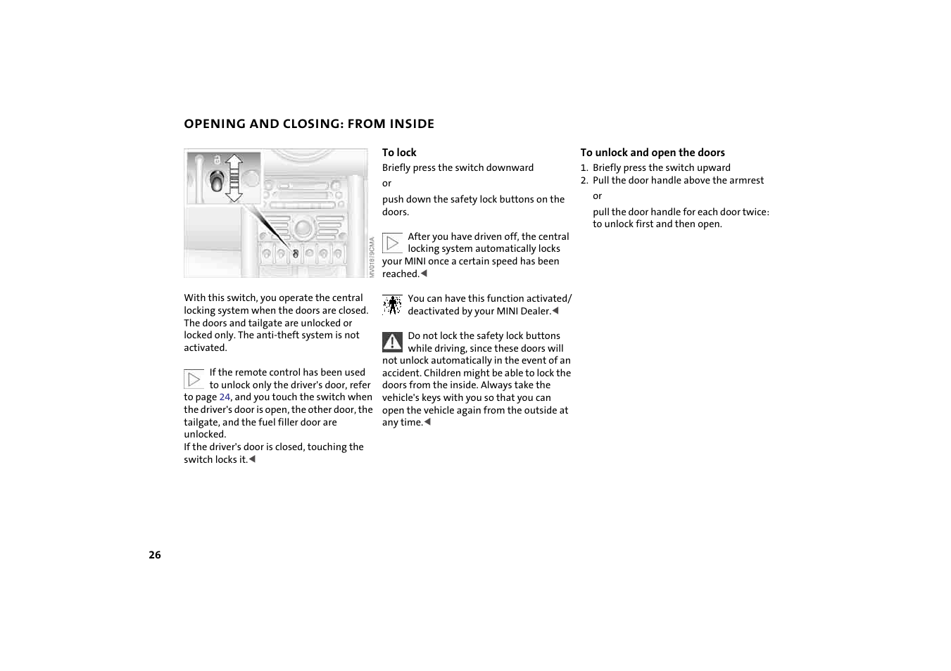 Opening and closing: from inside | Mini 2004 Cooper User Manual | Page 28 / 152