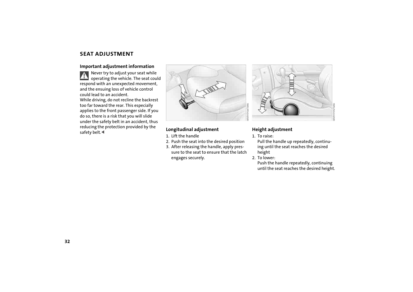 Seat adjustment | Mini 2004 Cooper User Manual | Page 34 / 152