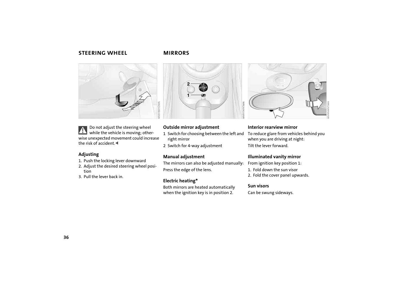 Steering wheel, Mirrors, Outside mirror adjustment | Mini 2004 Cooper User Manual | Page 38 / 152