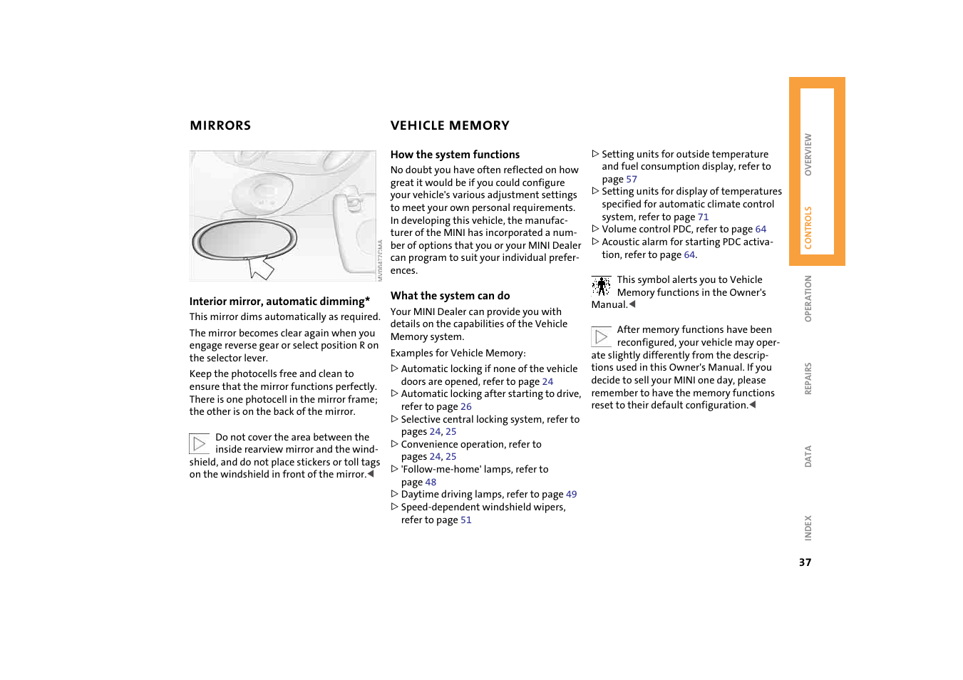 Vehicle memory | Mini 2004 Cooper User Manual | Page 39 / 152