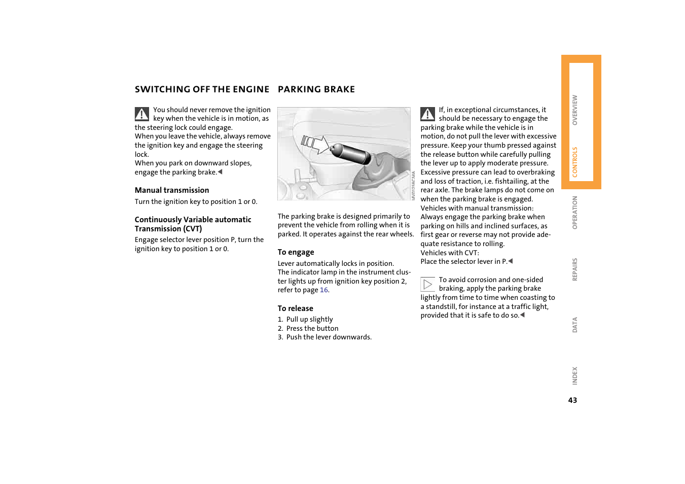 Switching off the engine, Parking brake | Mini 2004 Cooper User Manual | Page 45 / 152