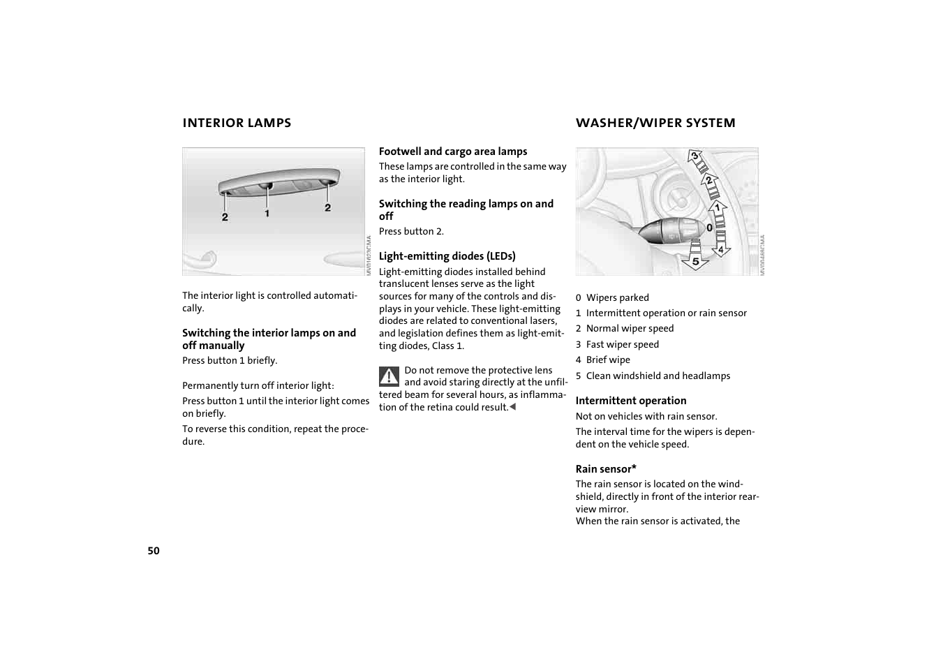 Interior lamps, Washer/wiper system | Mini 2004 Cooper User Manual | Page 52 / 152