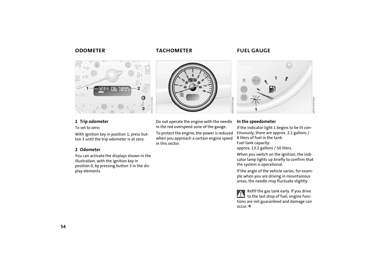 Odometer, Tachometer, Fuel gauge | Trip odometer | Mini 2004 Cooper User Manual | Page 56 / 152