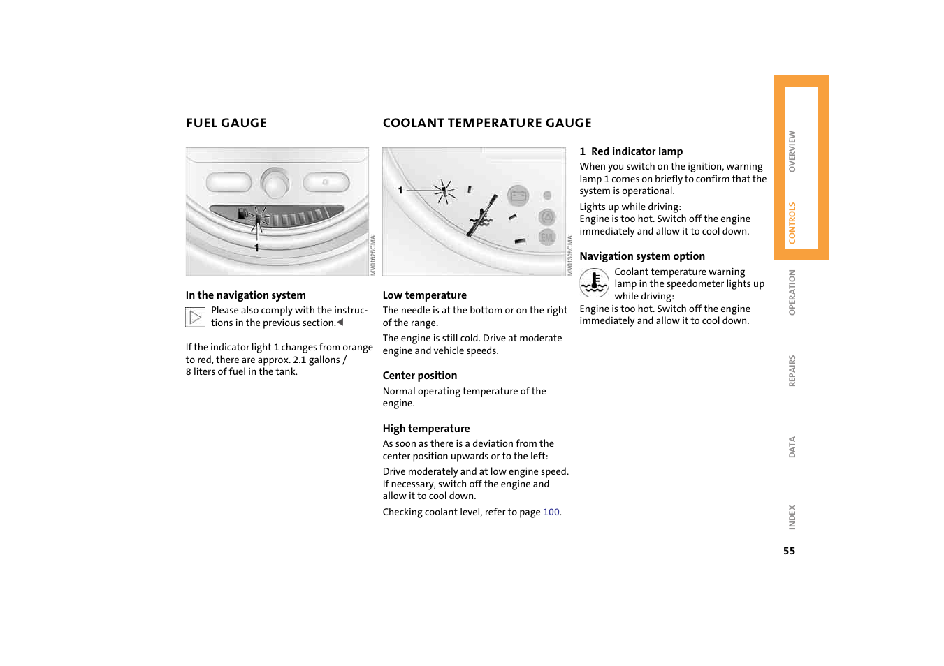 Coolant temperature gauge, Engine coolant temperature gauge | Mini 2004 Cooper User Manual | Page 57 / 152