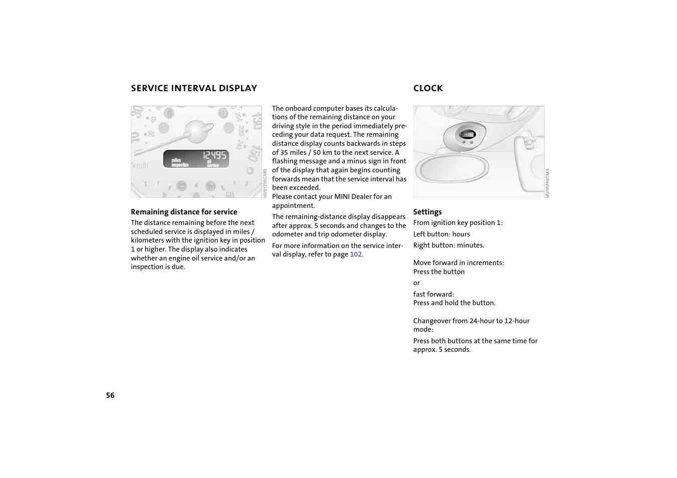 Service interval display, Clock | Mini 2004 Cooper User Manual | Page 58 / 152