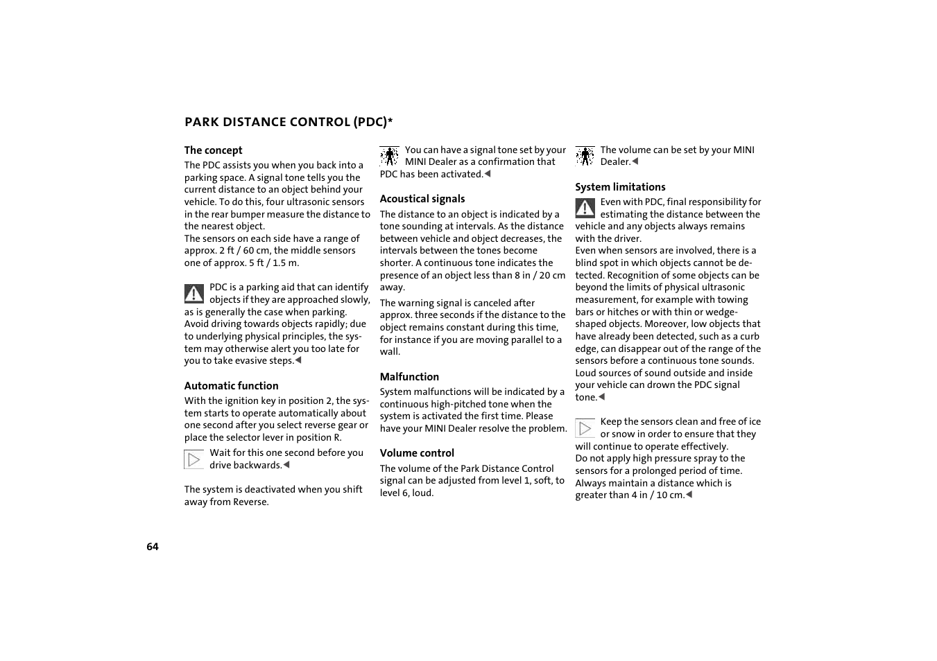 Park distance control (pdc) | Mini 2004 Cooper User Manual | Page 66 / 152