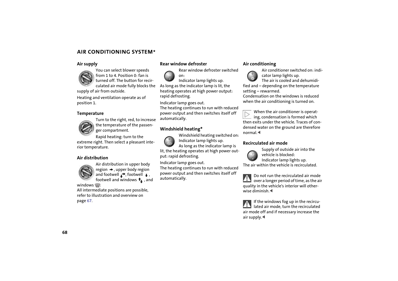 Temperature, Windshield heating, Blower for air supply | Air conditioning, Recirculated air mode | Mini 2004 Cooper User Manual | Page 70 / 152