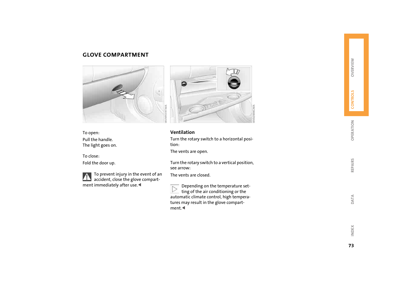 Glove compartment | Mini 2004 Cooper User Manual | Page 75 / 152