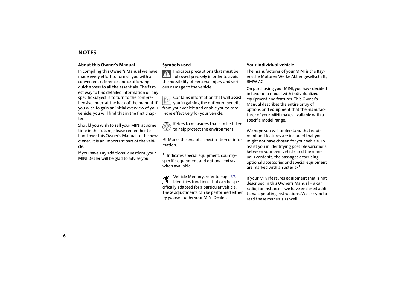 Notes, About this owner's manual, Symbols used | Your individual vehicle | Mini 2004 Cooper User Manual | Page 8 / 152