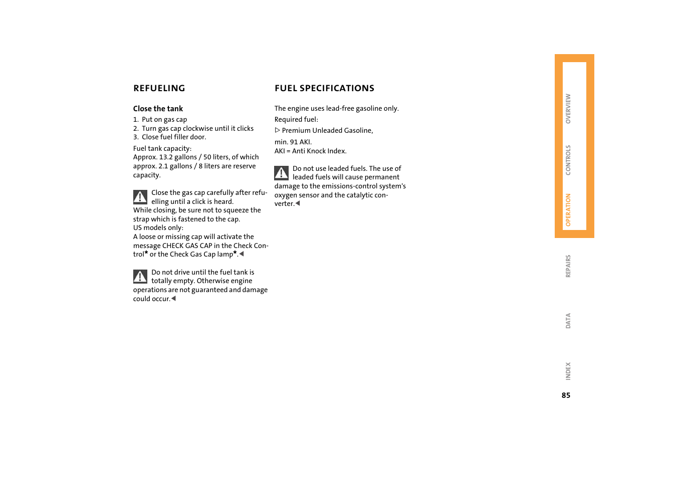 Fuel specifications | Mini 2004 Cooper User Manual | Page 87 / 152